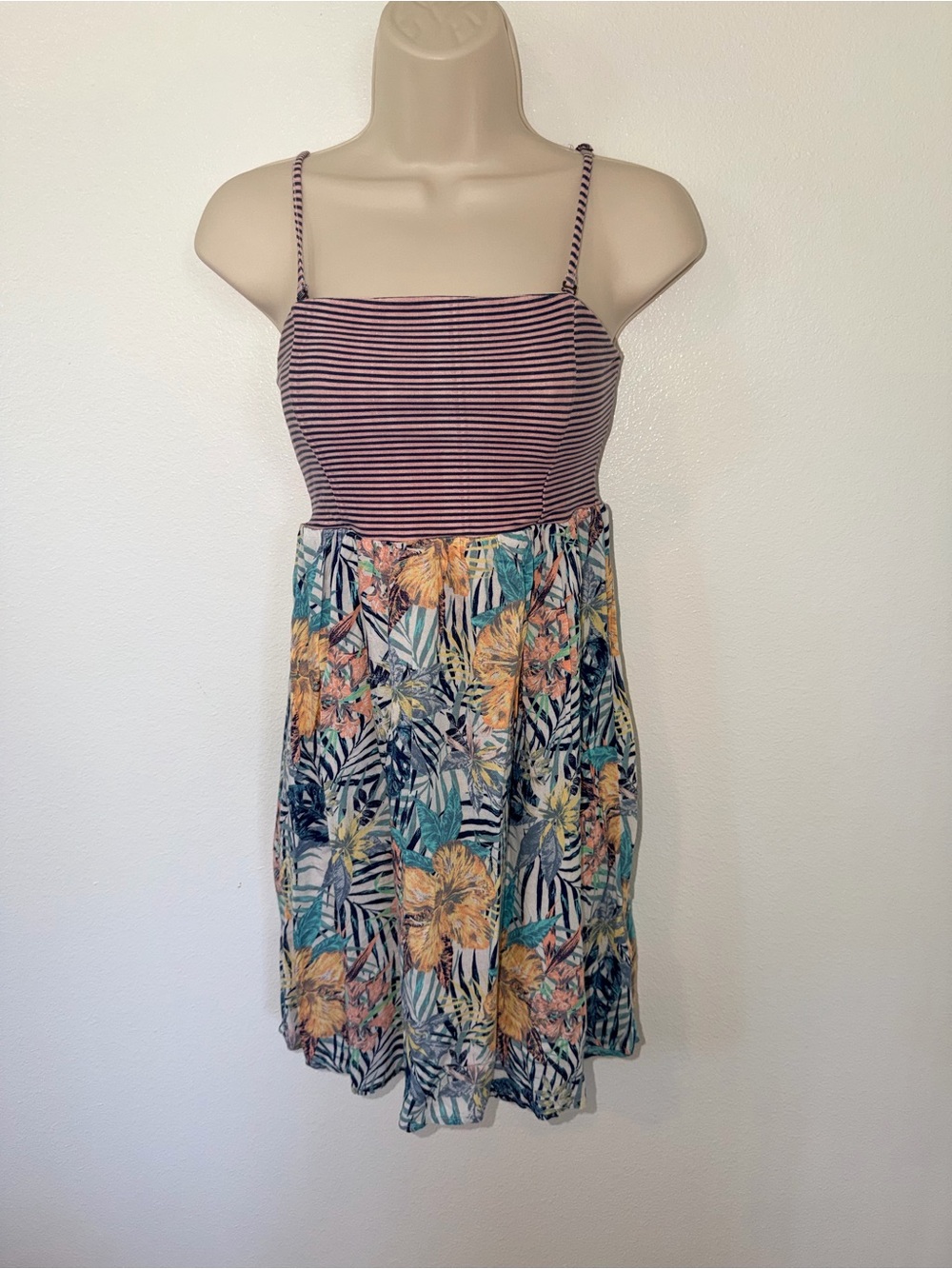 Striped Bodice Floral Print Sundress in Pink and Multicolor